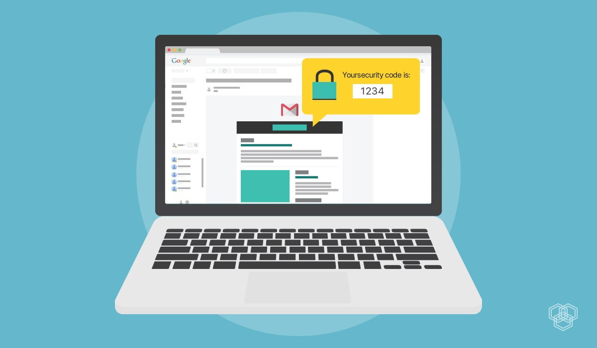 A design of a laptop with Gmail running and showing how to enable 2FA