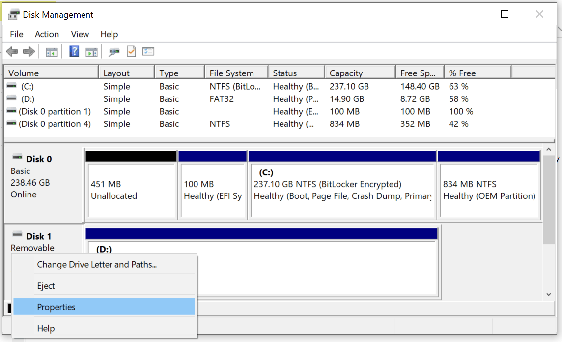 A Screenshot Of Disk Management Showing Properties Of Different Storage Devices