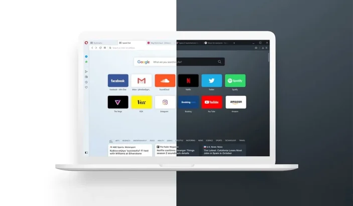 A design of Opera browser with dark and light mode enabled