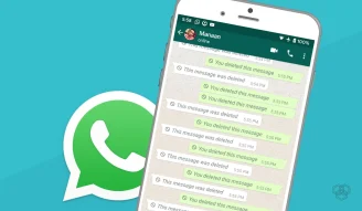 A picture with WhatsApp screenshot for deleted messages and company's logo