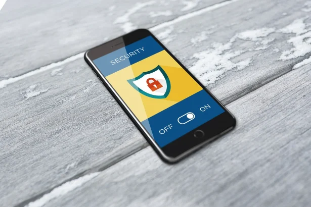 A photo of a phone with security lock logo on the screen