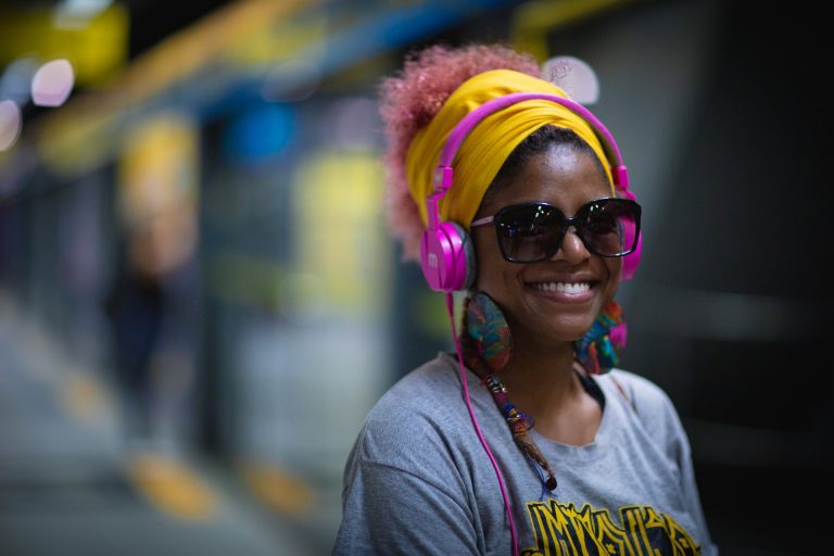 A woman wearing headphones