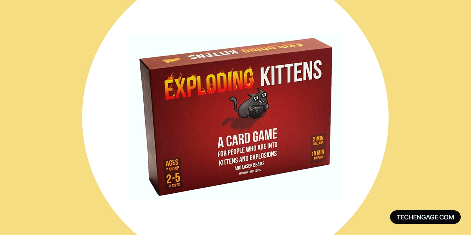 Exploding Kittens Card Game Box With Cards Spread Out On A Table