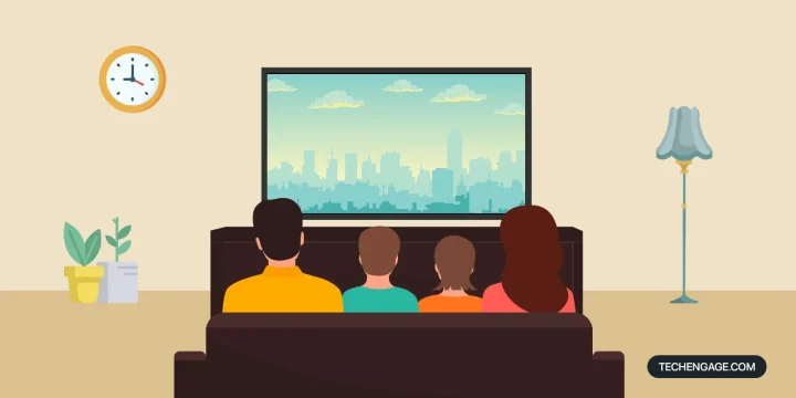 An illustration of a family sitting in home cinema, watching TV