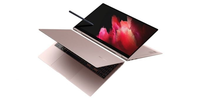 An Image of Galaxy Book Pro 360 with S pen behind