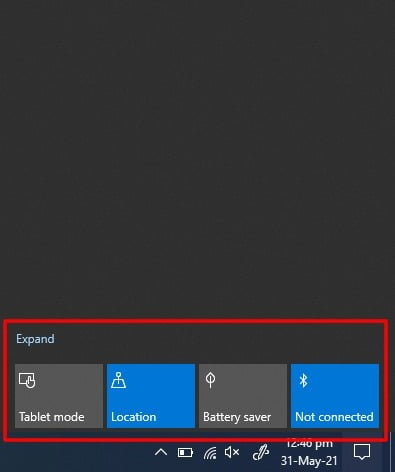 Screenshot of Collapsed Quick Action panel on Notification Center in Windows 10