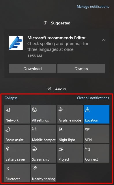 Screenshot of Expanded Quick Actions in Notification Center of Windows 10