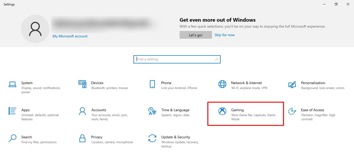 Screenshot of Gaming tab in Setting of Windows 10