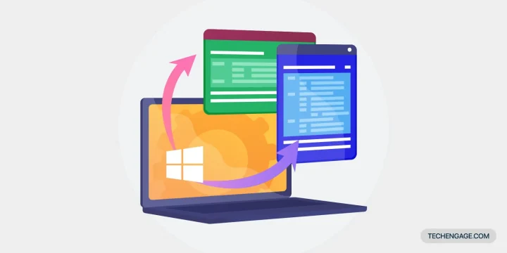 An icon of laptop featuring Windows OS with applications popping out of the screen