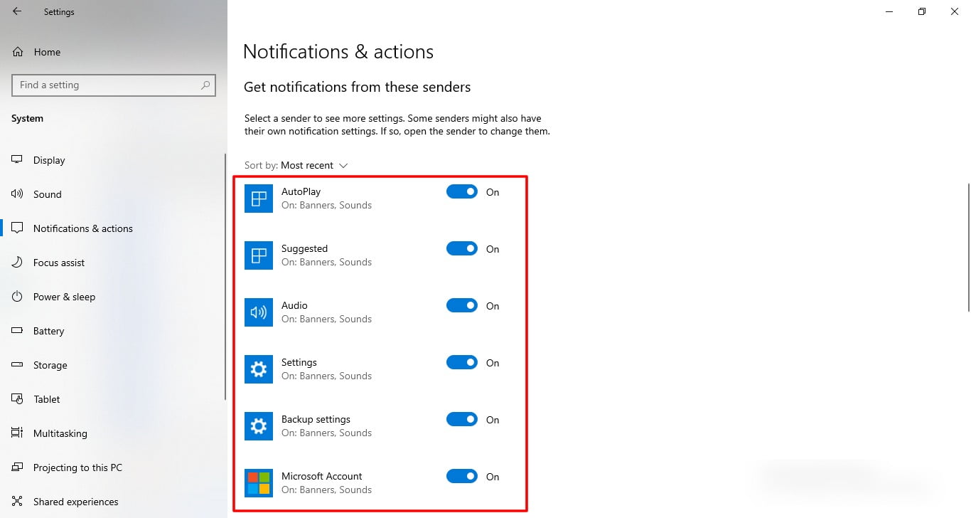 Manage the sender apps in Setting of Windows 10