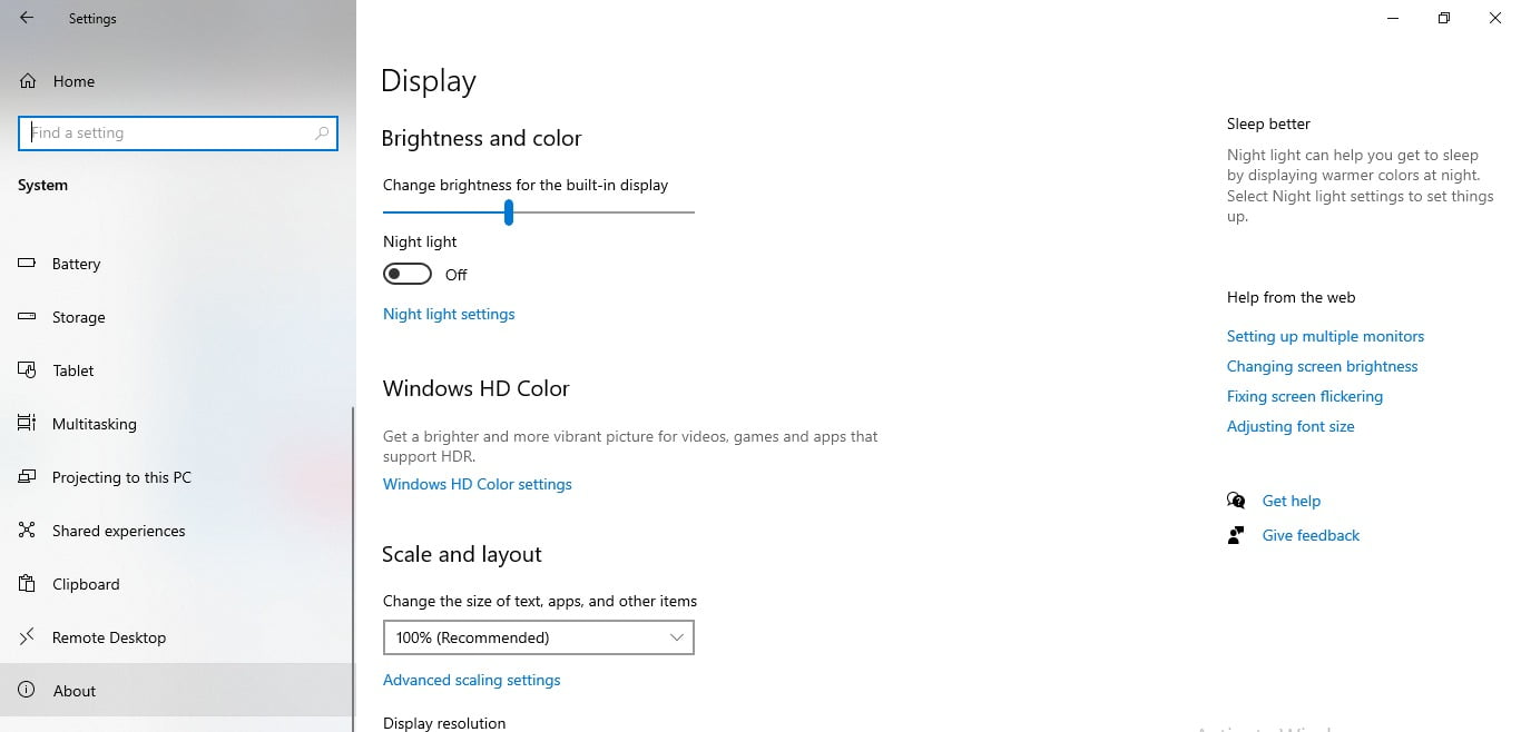 screenshot of System tab in settings of Windows 10