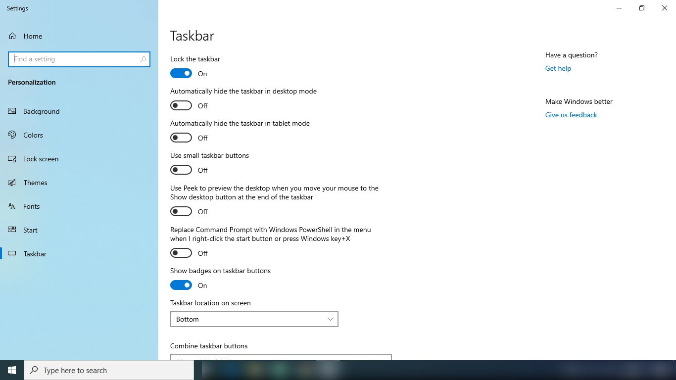 The Screenshot Of Taskbar Page In Settings Of Windows 10
