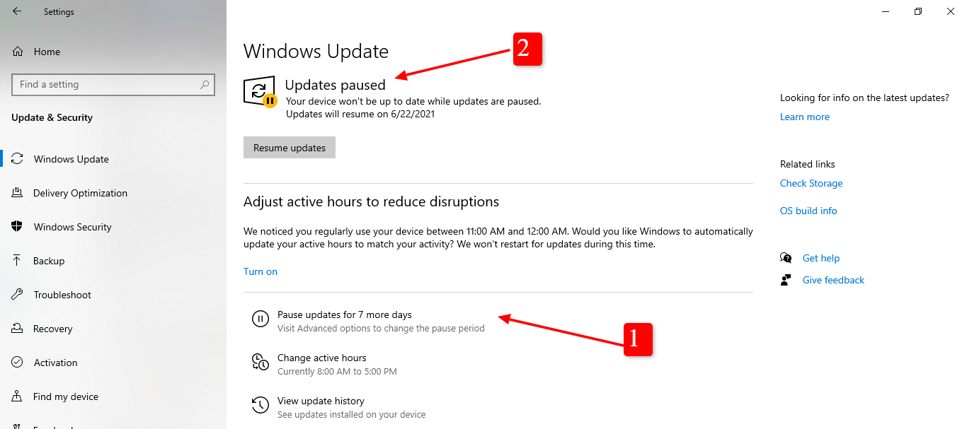 Screenshot Of Windows Update Paused For 7 Days In Windows 10