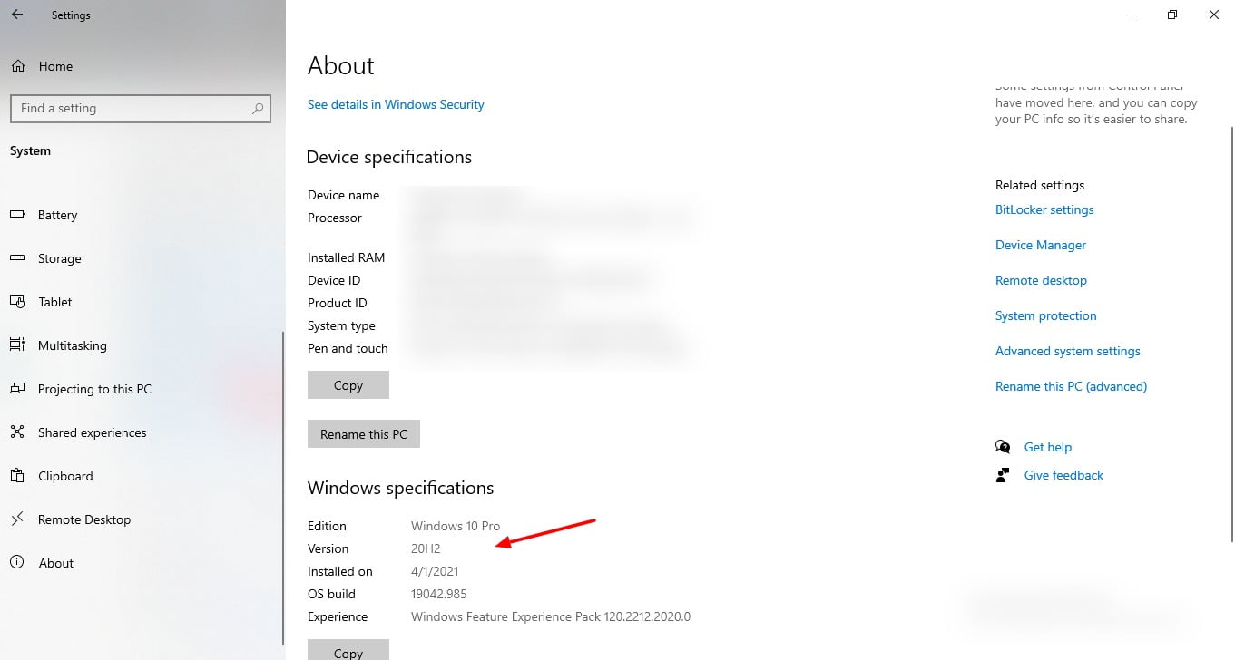 screenshot of Windows version in settings of Windows 10