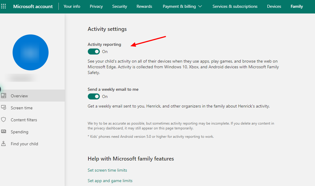 Screenshot Of Activity Reporting In Parental Controls Of Windows 10