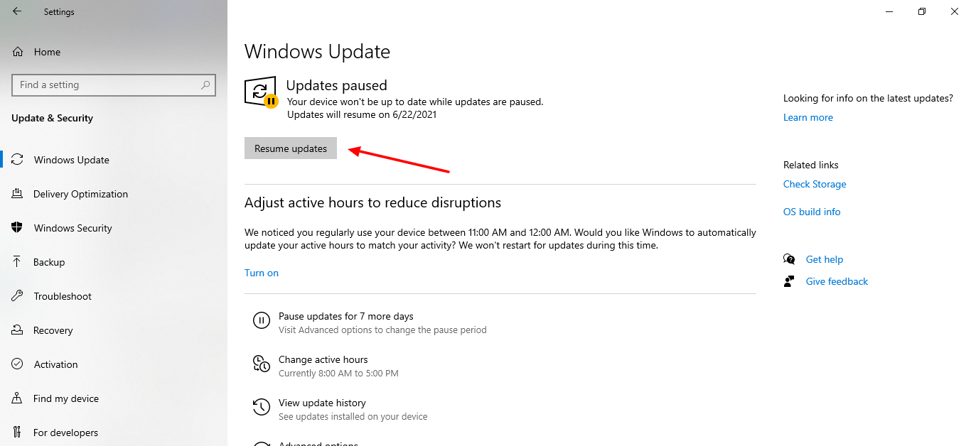 screenshot of how to resume updates in windows 10