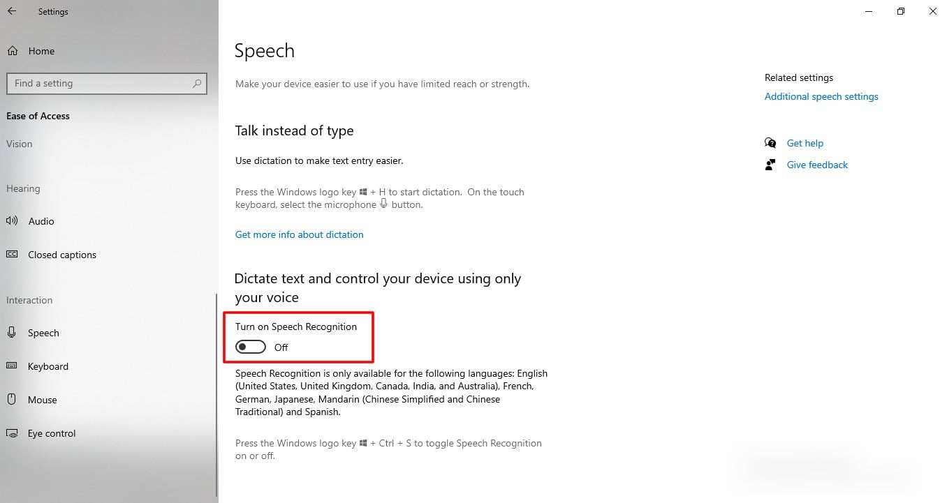 Screenshot Of Speech Feature In Windows 10