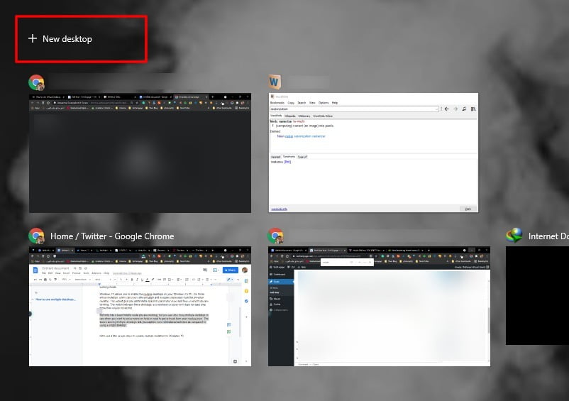 Screenshot of Add new desktop in Task View of Windows 10