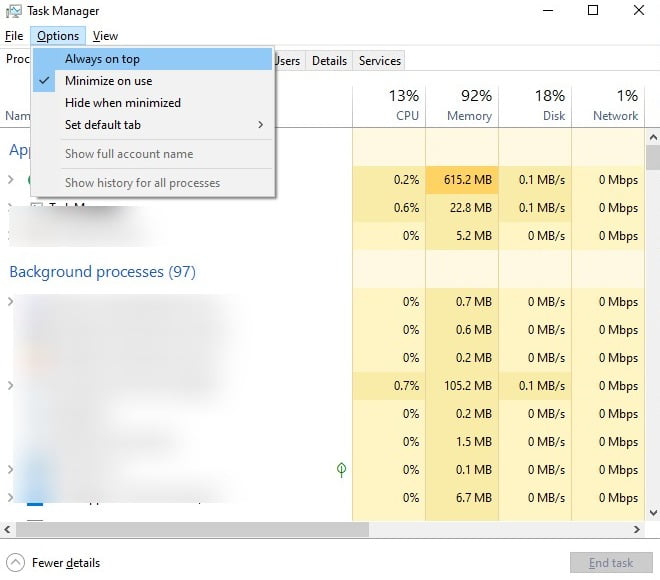 Screenshot of Always on top in Task Manager of Windows 10