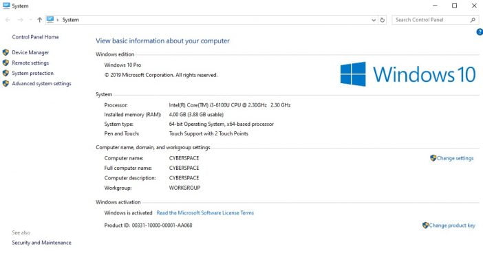 Screenshot Of Classic System Control Panel In Winows 10