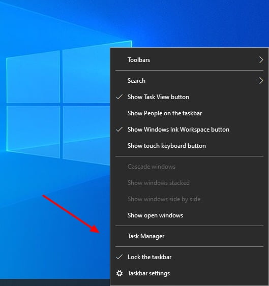 Screenshot of Click Task Manager on Taskbar in Windows 10