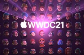 WWDC21 with the Apple's logo featuring on the background wall of Apple updates emojis