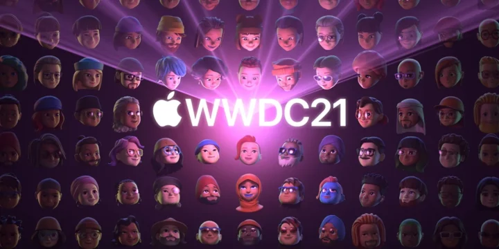 WWDC21 with the Apple's logo featuring on the background wall of Apple updates emojis