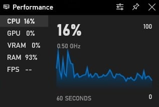 Screenshot oPerformane panel from Game Bar in Windows 10f