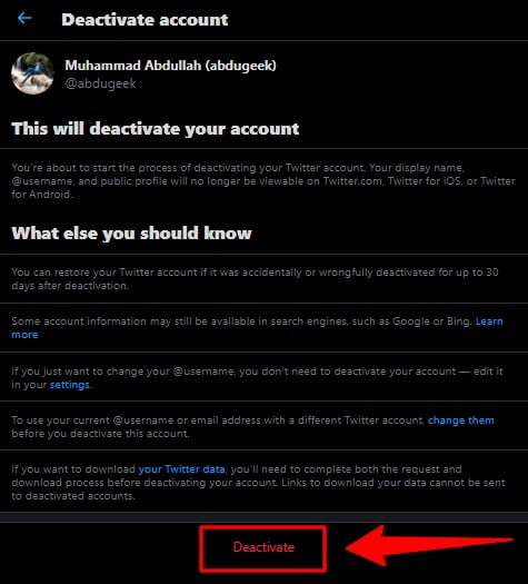 Deactivate Twitter Account Page