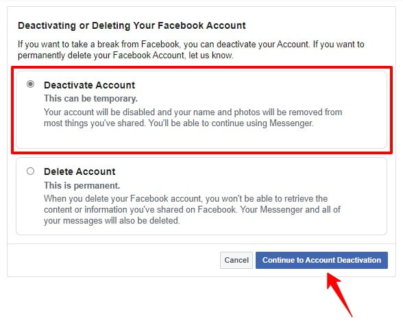 Deactivate Facebook account