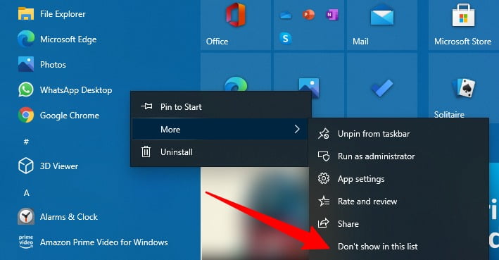 Screenshot Of Removing The App From Most Used App In Start Menu