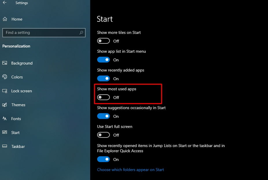 Screenshot Of Start Tab In Settings Of Windows 10