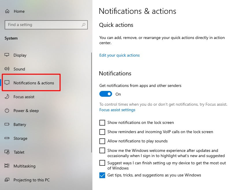 Screenshot of Notifications & Actions tab in Windows 10