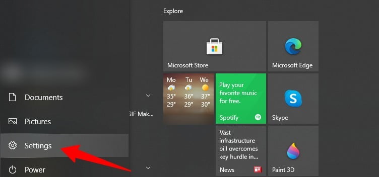 Screenshot of Settings tab in Windows 10