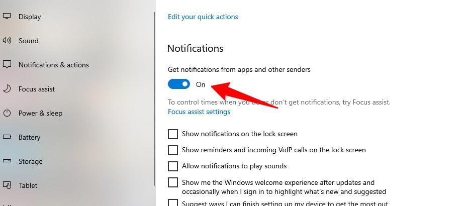 Screenshot of Toggle notification bar in Windows 10