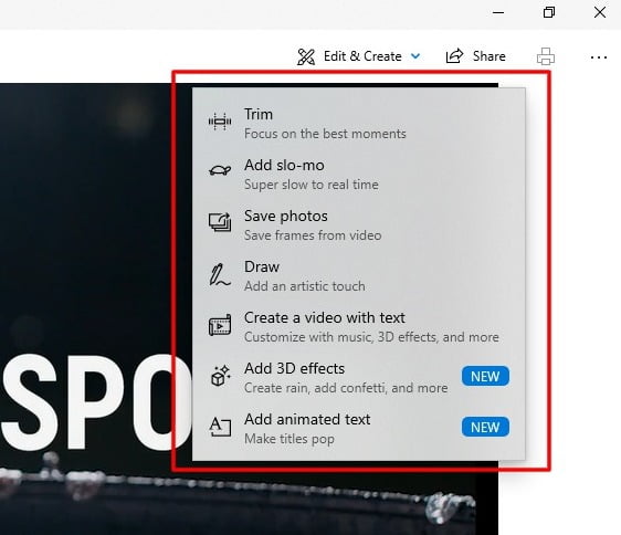 screenshot of drop down menu of video editor in windows 10