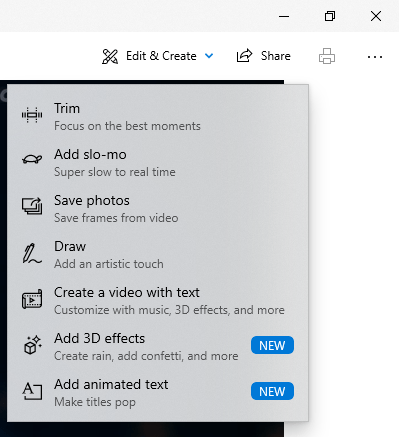 screenshot of windows 10 video editor features
