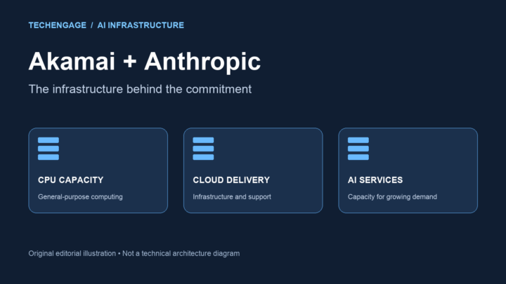 Editorial illustration of CPU capacity, cloud delivery and AI services for the Akamai and Anthropic agreement.