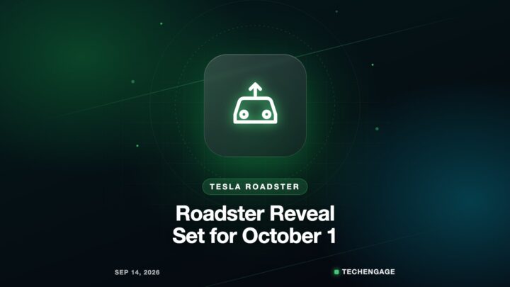 Illustration with a car icon and the title Roadster Reveal Set for October 1, for a TechEngage story on Tesla