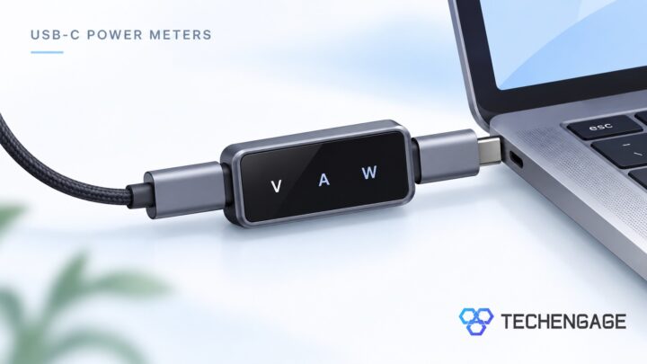 Illustration of a USB-C power meter between a charging cable and a laptop.