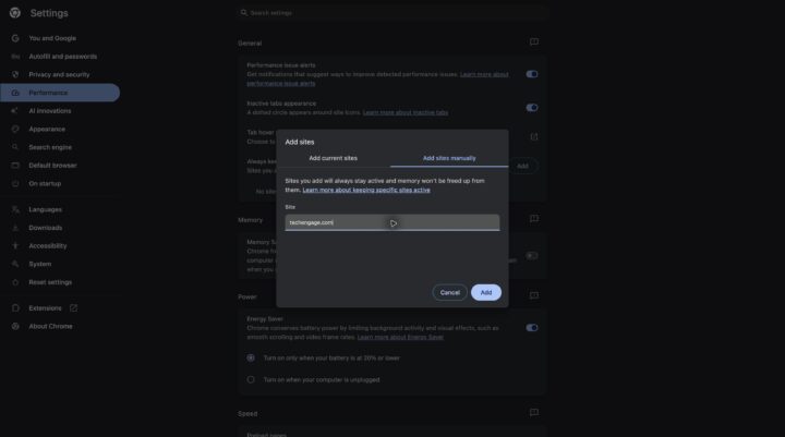 How To Stop Chrome Tabs From Reloading 2 Add Sites Manually Dialog In Chrome With Techengage.com Entered Before Saving.