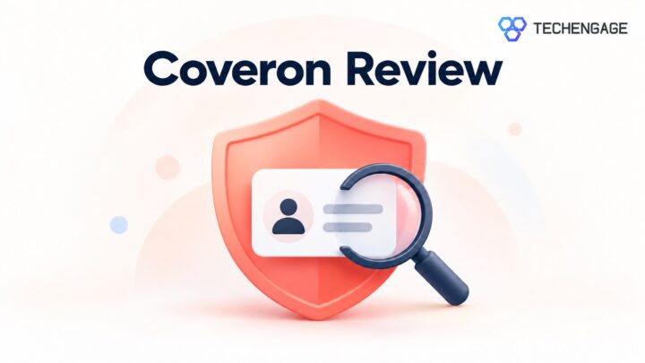 Coral shield, identity card, and magnifying glass in a light Coveron review illustration with the TechEngage logo.