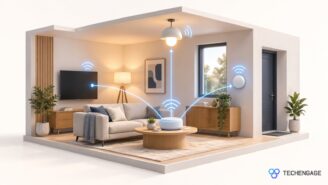 Conceptual illustration of a home hub connected to lights and other devices inside a living room.