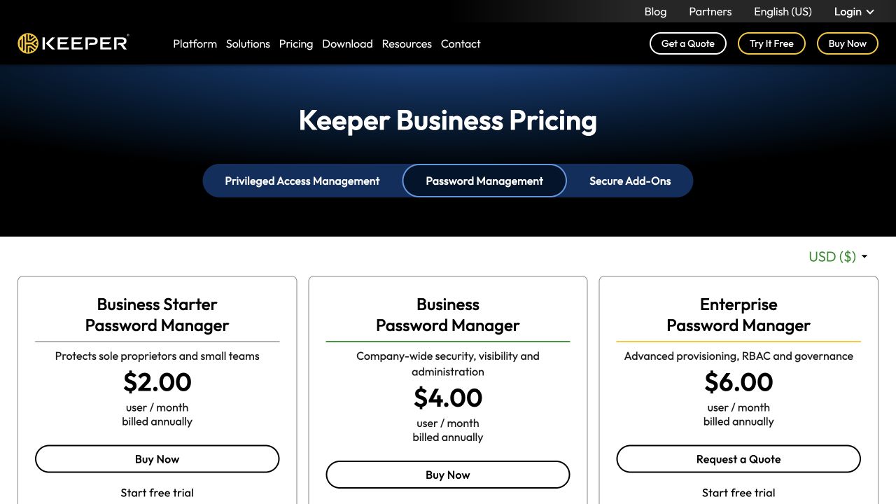 Keeper Usd Pricing Page Showing Starter, Business And Enterprise Password-Manager Plans