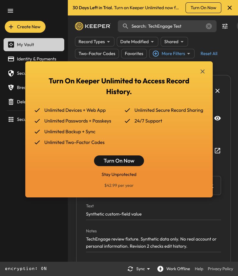 Keeper Unlimited Upgrade Prompt Shown When Opening Record History During The Personal Trial
