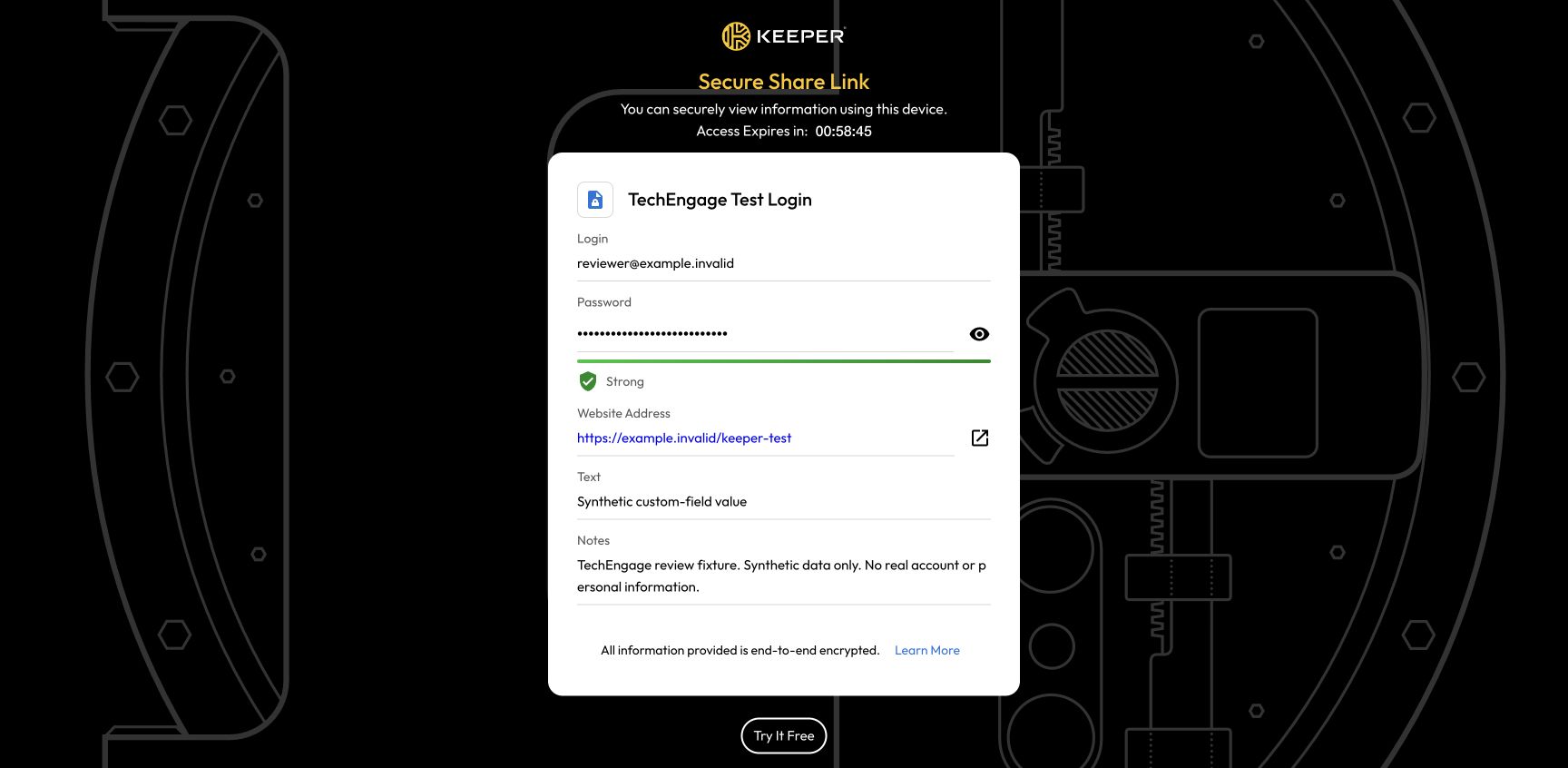 Keeper One-Time Share Displaying A Synthetic Login In The Recipient Browser