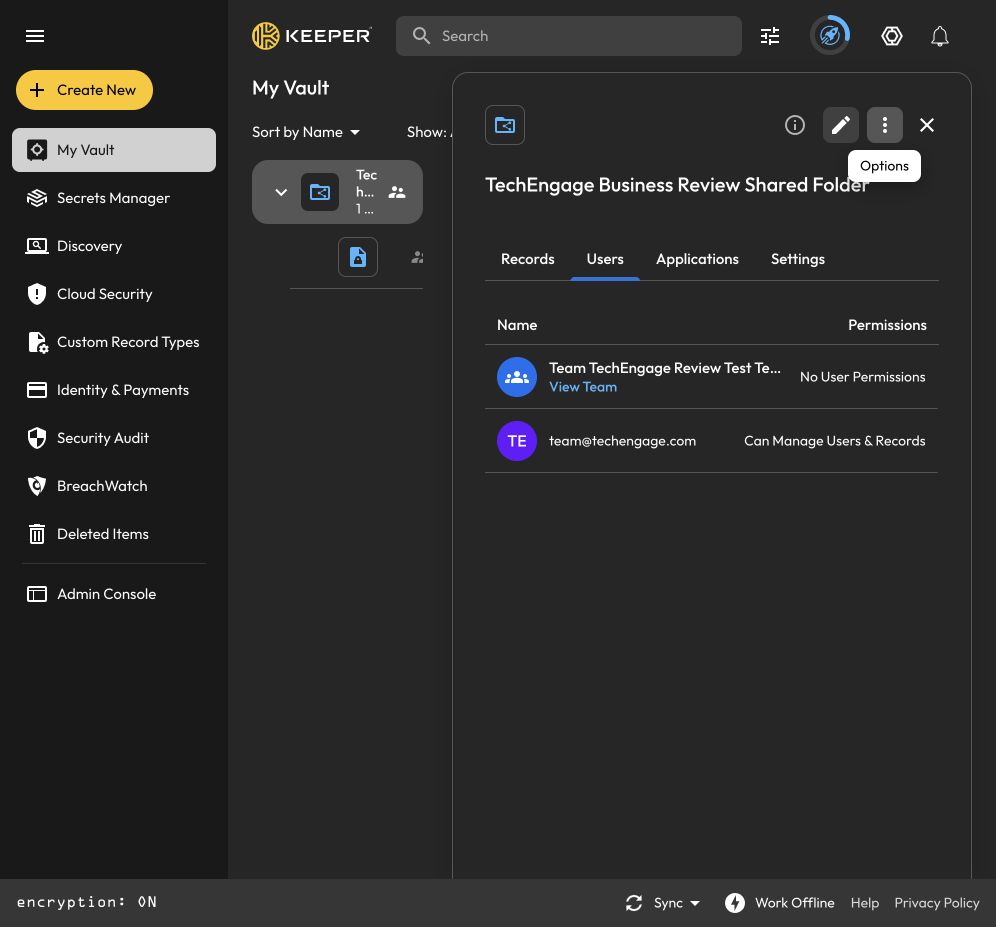 Keeper Shared Folder Listing The Empty Test Team And The Owner With Separate Management Permissions