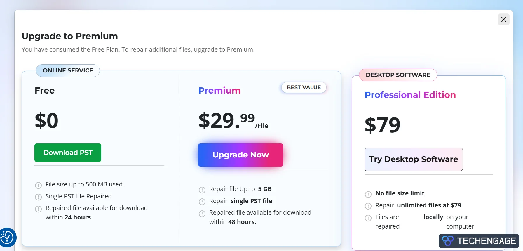 Stellar Repair For Outlook Review: Desktop Vs. Online Pst Repair 9 Stellar Plan Panel Showing Free Online Repair, Paid Online Repair, And Desktop Pricing