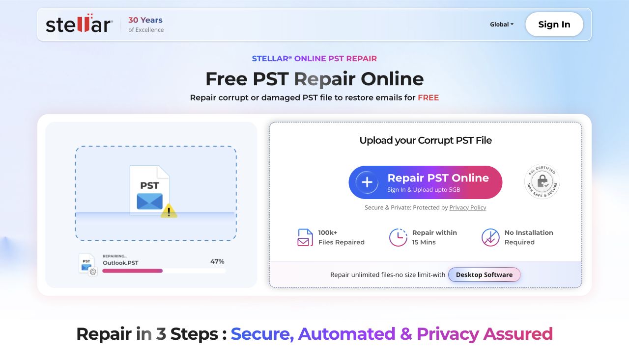 Stellar Repair For Outlook Review: Desktop Vs. Online Pst Repair 1 Stellar Online Pst Repair Page With Repair Pst Online Button
