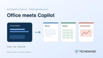 Editorial illustration connecting a conversation to Word, Excel and PowerPoint documents.